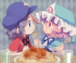  beret blue_dress blue_eyes blue_hair disney dress drinking_glass face-to-face face_to_face food food_on_face fork hat incipient_kiss jiangshi lady_and_the_tramp miyako_yoshika multiple_girls ofuda oto pink_eyes pink_hair plate red_dress saigyouji_yuyuko spaghetti spoon touhou 