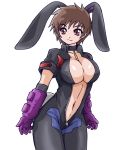  bad_id breasts brown_hair bunny_ears center_opening choker cleavage getsumento_heiki_miina gloves large_breasts navel okuri_ookami ootsuki_mina open_clothes red_eyes short_hair smile solo 