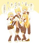 blonde_hair bow carrying closed_eyes comic dual_persona eyes_closed genderswap headphones kagamine_len kagamine_lenka kagamine_lenko kagamine_rin kagamine_rinta kagamine_rinto open_mouth princess_carry shorts siblings skirt standing translated translation_request twins vocaloid woka 