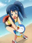  1girl bad_id beach blue_eyes blue_hair blush carrying cosplay hikari_(pokemon) kasumi_(pokemon) kasumi_(pokemon)_(cosplay) leaning_forward long_hair maruki_(punchiki) midriff no_hat no_headwear open_mouth payot piplup pokemon pokemon_(anime) pokemon_(creature) shoes shorts side_ponytail smile sneakers suspenders tank_top 