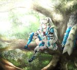 armor arrow bow_(weapon) closed_eyes eyes_closed forest highres jinouga_(armor) long_hair midriff monster_hunter monster_hunter_portable_3rd nature navel ponytail quiver sitting smile solo tree weapon white_hair wyvern 