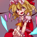  ascot blonde_hair crazy_eyes fang flandre_scarlet hat hutaba123 red_eyes simple_background solo the_embodiment_of_scarlet_devil touhou wings wrist_cuffs yamasan 