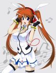  breasts brown_hair feathers fingerless_gloves gloves headphones impossible_clothes impossible_clothing impossible_shirt large_breasts long_hair lyrical_nanoha mahou_shoujo_lyrical_nanoha mahou_shoujo_lyrical_nanoha_strikers shirt takamachi_nanoha thigh-highs thighhighs twintails zeroero1 
