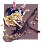  animal_ears black_legwear blonde_hair bow braid broom bunny_ears bunny_girl bunny_tail bunnysuit carrot hair_bow hat high_heels kirisame_marisa pantyhose shoes simple_background solo star tail touhou touya_(the-moon) wink witch witch_hat wrist_cuffs yellow_eyes 