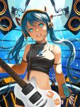  1girl aqua_eyes aqua_hair bubble cowboy_shot detached_sleeves guitar hatsune_miku headset highres instrument left-handed long_hair looking_at_viewer midriff open_mouth rikkido sling smile solo speaker twintails vocaloid water 