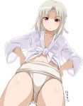  brown_eyes edytha_rossmann from_below front-tie_top fundoshi grey_hair hands_on_hips happi japanese_clothes kimono looking_down short_hair simple_background solo strike_witches tied_shirt yamakasa youkan 
