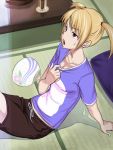  aerodog blonde_hair breasts cleavage fan freckles hot idolmaster idolmaster_dearly_stars inu_(aerodog) open_mouth red_eyes shirt_pull short_hair short_twintails shorts sitting solo suzuki_ayane sweat twintails 