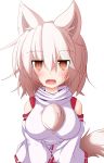  absurdres animal_ears blush breasts brown_eyes detached_sleeves fang flat_gaze highres inubashiri_momiji open_mouth shirogonn short_hair slit_pupils solo tail tears touhou white_hair wolf_ears wolf_tail 