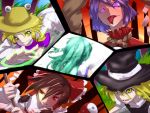  back bad_id blonde_hair blue_hair bow brown_hair fighting gohei green_hair hair_bow hair_tubes hakurei_reimu hat kirisame_marisa kochiya_sanae moriya_suwako mountain_of_faith multiple_girls onbashira pyonta shimenawa slit_pupils snake-eyed_kanako soubi tongue touhou witch_hat yasaka_kanako yellow_eyes yin_yang 