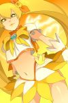  blonde_hair bow brooch choker crop_top cure_sunshine dress hair_ribbon heart heart-shaped_pupils heartcatch_precure! jewelry long_hair magical_girl midriff myoudouin_itsuki navel precure ribbon rocd smile solo symbol-shaped_pupils twintails wrist_cuffs yellow yellow_eyes 