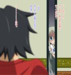  bad_id black_hair blood blue_eyes blurry depth_of_field empty_eyes honma_meiko long_hair marugoshi_teppei peeking silver_hair translated translation_request yadomi_jinta yandere 