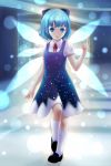  blue_dress blue_eyes blue_hair cirno dress highres light_particles perfect_cherry_blossom short_hair smile snow solo touhou wings yori 