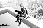  arsenixc bad_id blonde_hair city gun handgun heckler_&amp;_koch monochrome original p7 pistol popped_collar rooftop shadow short_hair sitting solo spot_color weapon 