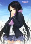  bag black_hair blazer blush coat copyright_request covering covering_face covering_mouth hair_ornament hairclip highres long_hair open_mouth purple_eyes scarf school_uniform senji_(tegone_spike) skirt solo thigh-highs thighhighs twintails very_long_hair violet_eyes white_legwear winter zettai_ryouiki 