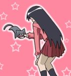  1girl animated animated_gif azumanga_daioh black_hair cat long_hair lowres pink_background sakaki school_uniform simple_background skirt solo star 