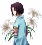  brown_eyes brown_hair flower japanese_clothes kara_no_kyoukai kimono lilies lily_(flower) nazumi_junko obi ryougi_shiki short_hair simple_background solo white_background 