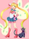  \m/ bad_id bishoujo_senshi_sailor_moon blonde_hair blue_eyes bow brooch cat choker crescent double_bun elbow_gloves gloves hand_on_hip happy hips jewelry luna_(sailor_moon) magical_girl mame_(chamame) open_mouth sailor_moon skirt smile tiara tsukino_usagi twintails white_gloves wink 