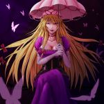  7/11_(fukuso) blonde_hair bow breasts butterfly cleavage corset dress elbow_gloves gloves hair_bow hat large_breasts long_hair parasol parsol purple_eyes solo touhou umbrella violet_eyes yakumo_yukari 