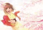  cherry_blossoms fur_trim jacket japanese_clothes kara_no_kyoukai kimono looking_at_viewer obi open_mouth red_jacket ryougi_shiki short_hair smile solo 