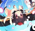  black_hair black_wings blush camera danmaku double_spoiler feathers hakurei_reimu madara red_eyes shameimaru_aya short_hair smile solo touhou upside-down v wings 