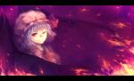  bat_wings fire flame geoly hat highres lavender_hair letterboxed red_eyes remilia_scarlet smile solo touhou wings wink 