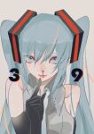  1girl 39 bare_shoulders black_gloves bleeding blood blue_eyes blue_hair blue_neckwear closed_mouth collared_shirt commentary_request dress_shirt elbow_gloves finger_to_mouth frilled_shirt_collar frills gloves grey_background grey_shirt hair_between_eyes hatsune_miku long_hair looking_at_viewer necktie nosebleed shirt shoulder_tattoo simple_background sleeveless sleeveless_shirt slit_pupils solo tattoo turn3341 twintails upper_body vocaloid 