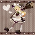  apron bad_id blonde_hair bow braid broom dolberry303 dress frills hair_ribbon hand_on_hip hat heart hips kirisame_marisa long_hair mary_janes pantyhose ribbon shoes smile solo touhou vertical-striped_legwear vertical_stripes white_legwear witch witch_hat yellow_eyes 