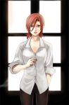  bad_id cigarette glasses kara_no_kyoukai open_shirt ponytail red_eyes red_hair redhead solo soraxsky window 