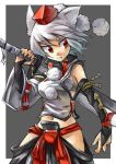  abe_ranzu adapted_costume animal_ears asymmetrical_clothes asymmetrical_clothing bare_shoulders breasts bridal_gauntlets detached_sleeves fang hakama huge_weapon inubashiri_momiji japanese_clothes navel red_eyes sarashi short_hair sideboob silver_hair simple_background solo sword touhou weapon wolf_ears 