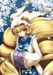  animal_ears bad_id blonde_hair fox_ears fox_tail hands_in_sleeves hat highres multiple_tails narumizg short_hair solo tail touhou yakumo_ran yellow_eyes 