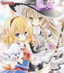  alice_margatroid ayuayu blonde_hair blue_eyes blush bow braid hair_bow hairband hat kirisame_marisa multiple_girls sample touhou witch witch_hat 