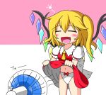  blonde_hair blush chibi closed_eyes dress dress_lift electric_fan eyes_closed fan fang fanning_crotch feiton flandre_scarlet midriff open_mouth panties red_dress side_ponytail smile solo the_embodiment_of_scarlet_devil touhou underwear white_panties 