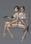  ada_wong back-to-back bare_shoulders barefoot beretta_92 bikini black_bikini black_hair blue_eyes breasts brown_eyes brown_hair capcom cleavage crossed_legs erect_nipples feet female glock gun handgun highres jill_valentine legs_crossed midriff multiple_girls navel pistol racking_slide resident_evil resident_evil_2 resident_evil_3 resident_evil_4 short_hair sideboob sitting swimsuit trigger_discipline weapon white_bikini xiaji 