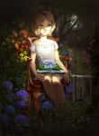  bird blonde_hair book chair collarbone copyright_request cosmos_(flower) daffodil earth empty_eyes expressionless flower green_eyes highres hydrangea magic_pop-up_book mansion mugon owl planet pop-up_book rainbow short_hair sitting solo space tiger wolf 