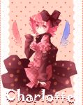  charlotte_(madoka_magica) cuivre detached_sleeves drill_hair hair_bow magical_girl mahou_shoujo_madoka_magica no_nose personification pink_eyes pink_hair polka-dot_background polka_dot polka_dot_background scarf smile wings 
