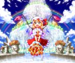  :d blonde_hair blue_sky blush bobby_socks bouquet cloud clouds dress fang feet_in_water flandre_scarlet flower flower_pot fountain hat joyfull_(terrace) kusare_panda looking_at_viewer open_mouth rainbow red_dress red_eyes side_ponytail sky smile soaking_feet socks solo the_embodiment_of_scarlet_devil touhou v_arms wading water waterfall wings 