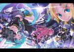  alternate_costume aqua_eyes barcode blonde_hair blue_eyes cityscape elbow_gloves fingerless_gloves gloves hair_ornament hairclip hatsune_miku hatsune_miku_(append) highres kagamine_len kagamine_len_(append) kagamine_rin kagamine_rin_(append) letterboxed long_hair megurine_luka miku_append monq pink_hair short_hair smile tongue twintails very_long_hair vocaloid vocaloid_append 