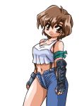  asymmetrical_clothes asymmetrical_clothing bad_id black_gloves breasts brown_eyes brown_hair crop_top daichi_yuko daichi_yuuko fingerless_gloves gauntlets gloves guardian_recall jeans midriff navel okuri_ookami ribbon short_hair single_pantsleg smile solo tomboy 