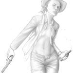  dual_wielding fallout fallout_new_vegas gun handgun hat jeans midriff monochrome no_bra open_clothes open_fly open_shirt pants ponytail red_hair redhead revolver rose_of_sharon_cassidy shirt solo unbuttoned unzipped weapon whiskey yorimitsu 