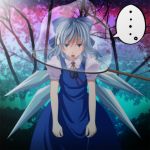  1girl blue_dress blue_eyes blue_hair blush butterfly_net caught cirno dress forest hand_net highres nature net open_mouth s-syogo solo sweatdrop touhou wings 