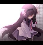  akemi_homura argyle argyle_background bad_id black_hair black_legwear goddess_madoka hair_over_eyes hair_ribbon hairband hetaling kaname_madoka kneeling letterboxed long_hair magical_girl mahou_shoujo_madoka_magica pantyhose ribbon shin_(hetaling) smile solo spoilers tears ultimate_madoka 