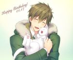  1boy ^_^ brown_hair cat closed_eyes coat dated fangs free! funikurikurara happy_birthday highres male_focus open_mouth smile tachibana_makoto 
