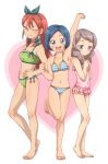  armpits barefoot bikini blue_eyes blue_hair blush braid brown_hair cleavage feet green_eyes hair_ribbon inazuma_eleven inazuma_eleven_(series) inazuma_eleven_go long_hair maron_(quintet_colors) multiple_girls navel open_mouth purple_eyes red_hair redhead ribbon seto_midori short_hair side-tie_bikini smile sorano_aoi striped_bikini swimsuit twin_braids violet_eyes wink yamana_akane 