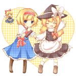  arm_up black_dress blonde_hair blue_dress blue_eyes book bow braid chibi closed_eyes dress eyes_closed grimoire hair_bow hairband hand_holding hat holding_hands kirisame_marisa kureha_goya open_mouth shanghai_doll smile touhou wings witch witch_hat 