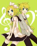  bare_shoulders black_legwear blonde_hair blue_eyes bow brother_and_sister duo green grin hair_bow hair_ornament hairclip hands_in_pockets highres jacket kagamine_len kagamine_rin monaco_(rmn02) musical_note necktie open_mouth sailor_collar short_hair siblings simple_background skirt sleeveless smile thigh-highs thighhighs twins vocaloid zettai_ryouiki 