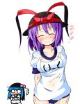  alternate_costume arms_behind_back blue_hair blush closed_eyes eyes_closed gym_uniform hands_on_own_chest hands_to_chest hat hinanawi_tenshi ichimi multiple_girls nagae_iku o_o purple_hair shirt smile touhou wet wet_clothes wet_shirt 