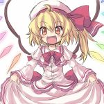  blonde_hair blush cicin cosplay curtsey dress dress_tug fang flandre_scarlet hat open_mouth pink_dress red_eyes remilia_scarlet remilia_scarlet_(cosplay) side_ponytail smile solo the_embodiment_of_scarlet_devil touhou wings 