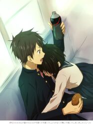  1boy 1girl black blush drink food hair hug hyouka open_mouth red_eyes rito453 school_uniform short_hair surprised 