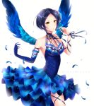  1girl aireenhp blue_hair breasts character_name cleavage feathers flower hair_ornament hayami_kanade idolmaster idolmaster_cinderella_girls short_hair sleeveless smile solo white_background wings yellow_eyes 