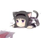  :3 akemi_homura all_fours animal_ears black_hair blush cat_ears cat_tail chibi drooling hairband kemonomimi_mode kyubey magical_girl mahou_shoujo_madoka_magica only_norisu panties pink_panties purple_eyes shadow solo tail taunting underwear violet_eyes 